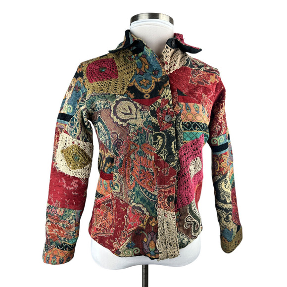 Chico's Tapestry Patchwork Embroidered Crochet Button Front Jacket Sz 1 Medium 8 - Picture 3 of 16